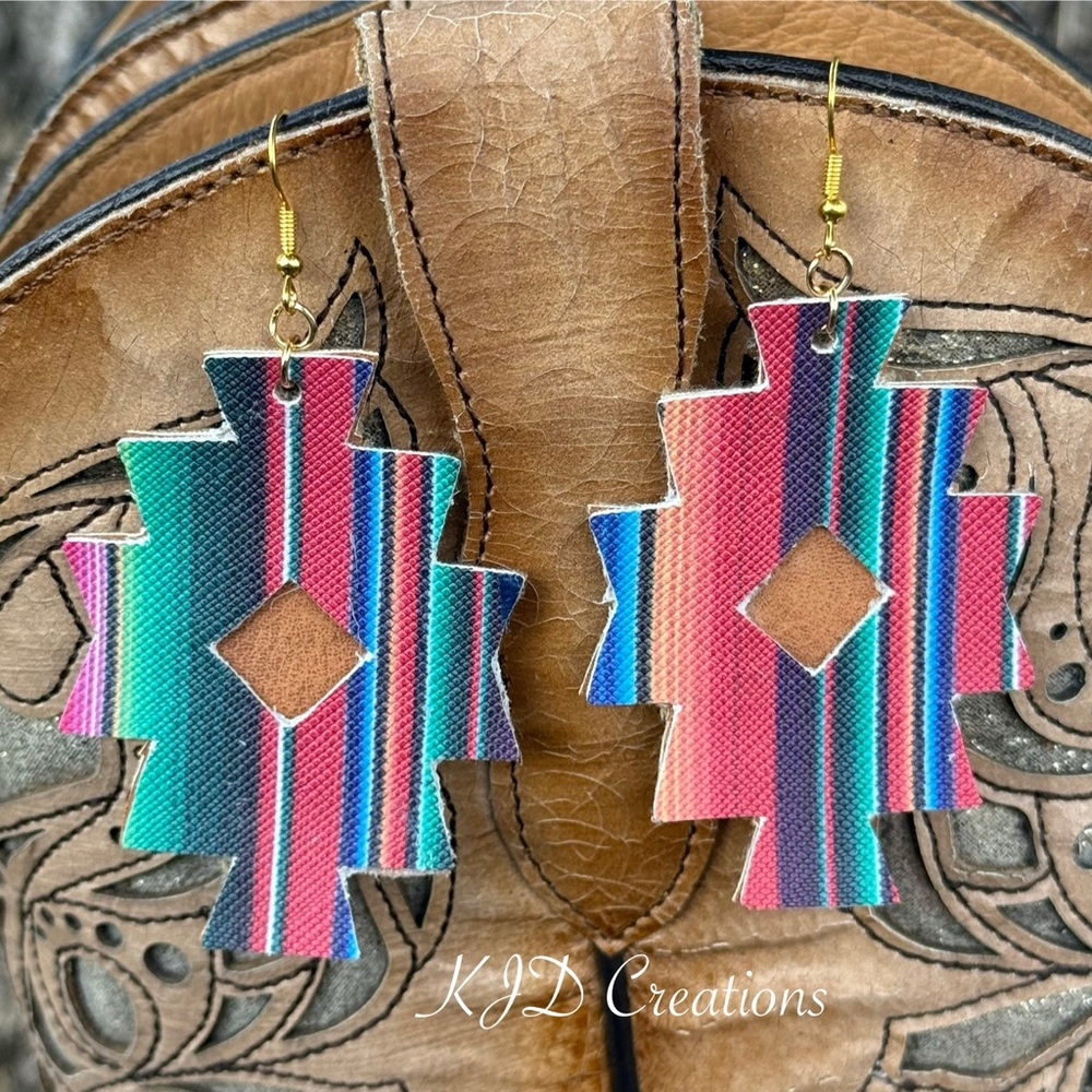 Faux Leather Aztec Southwest Design Earrings: Western Boho Dangle earrings